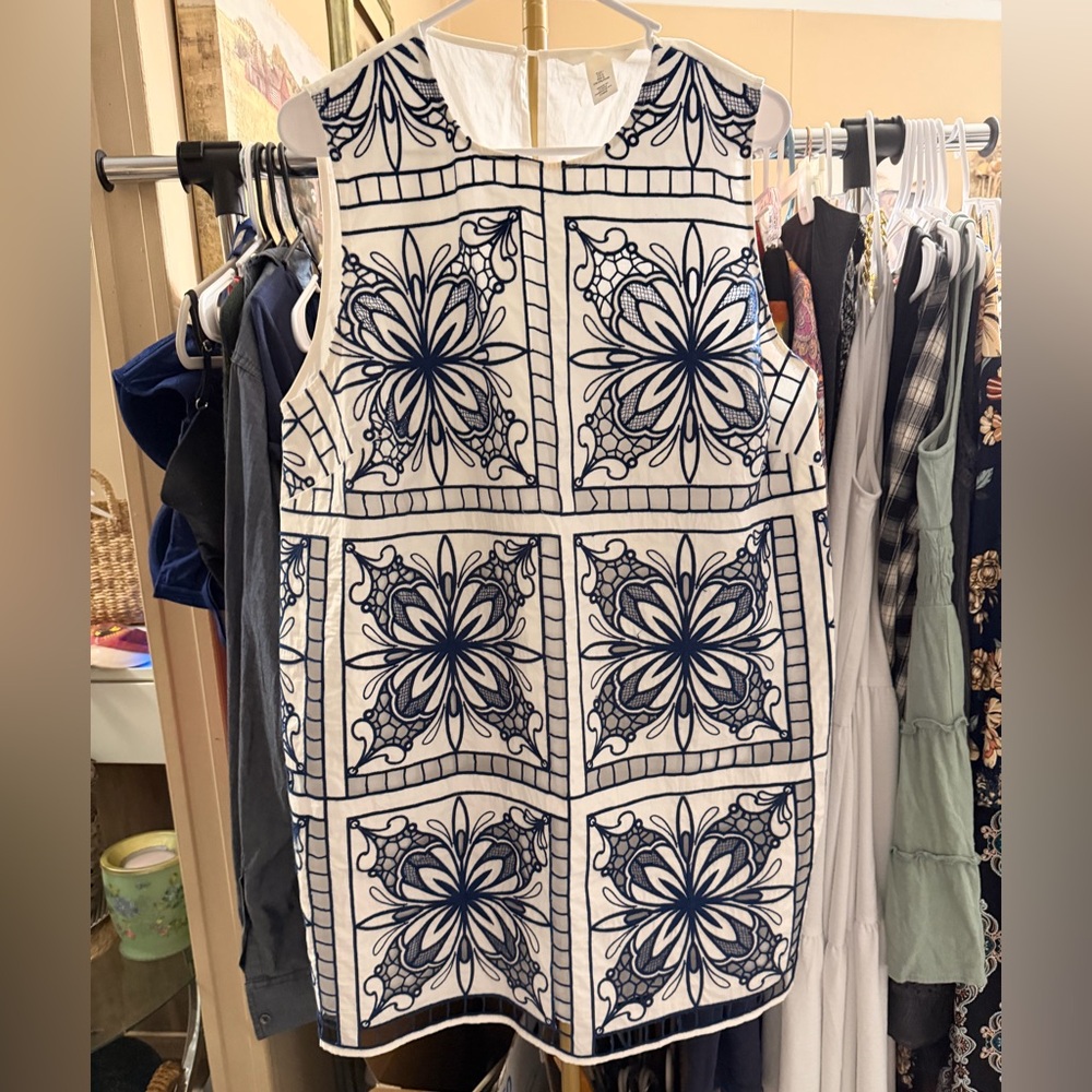 Dress with Navy Embroidered Pattern